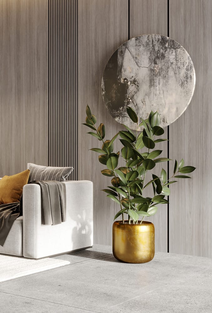 Ficus in goldenem Blumentopf